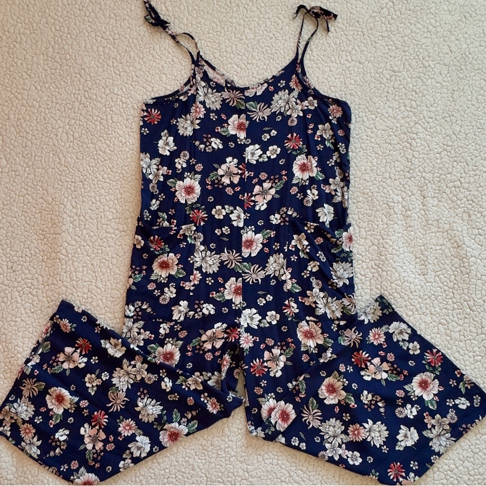 Love Fire Navy Floral Wide Leg Jumpsuit L Cropped Tie Strap